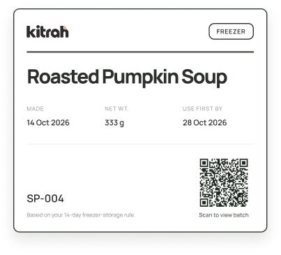 Roasted Pumpkin Soup label for batch SP-004 with storage location, dates, net weight and QR code