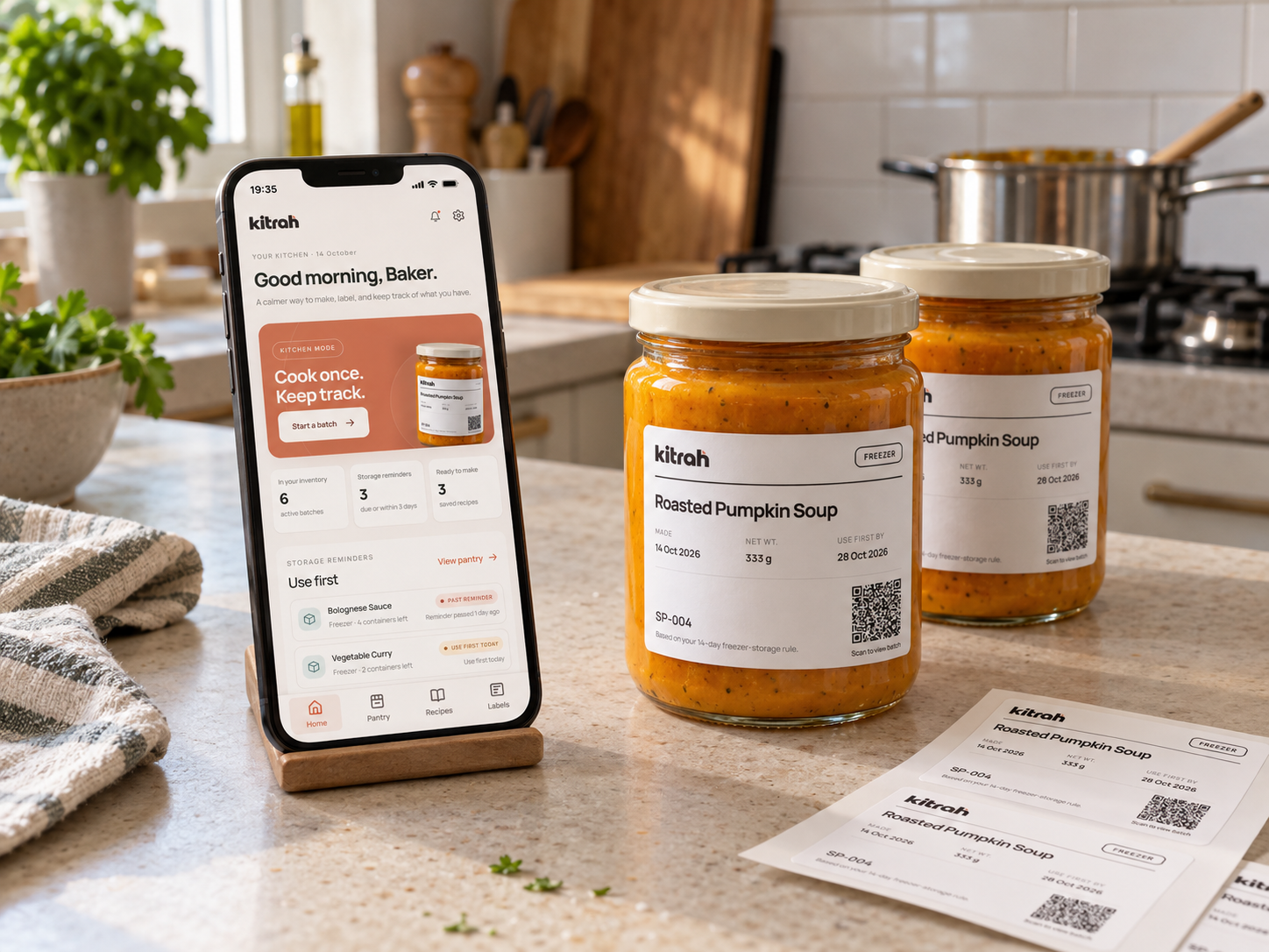 Kitrah connected kitchen concept with its app, Roasted Pumpkin Soup containers and printed batch labels