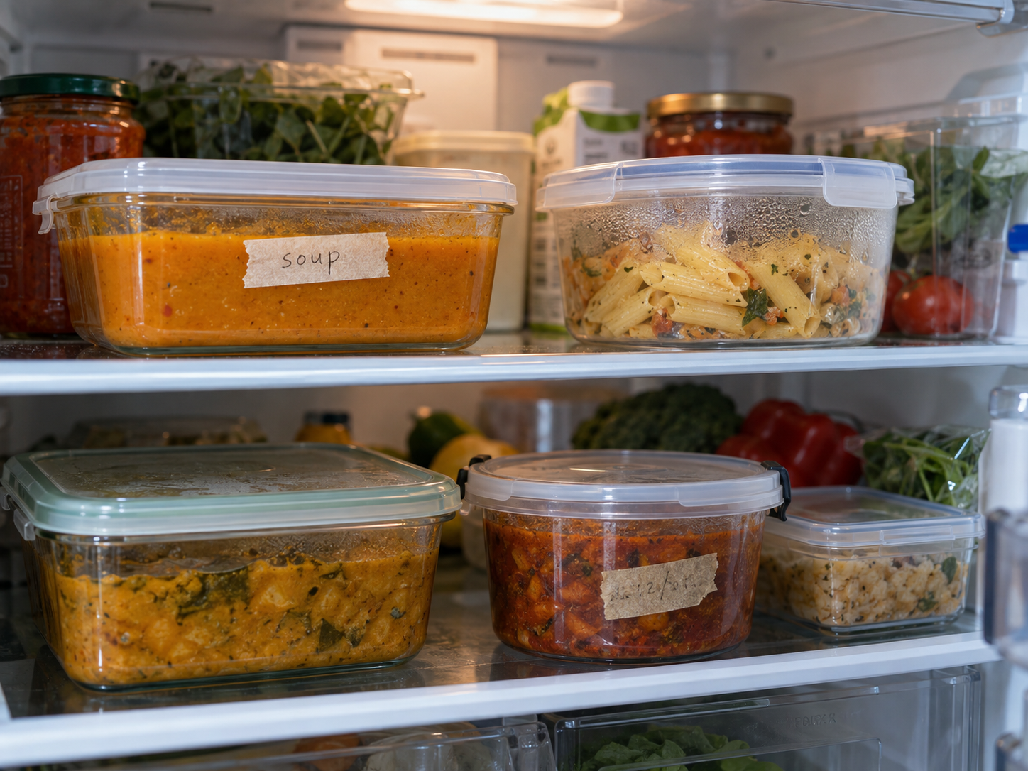 Homemade food containers on a refrigerator shelf, with a handwritten label showing how storage context can become unclear